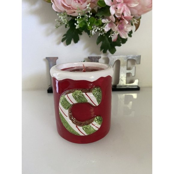 Kohls Vintage Christmas Candle‎ With Big Candy Cane "C" Red w Green Glitter NWT - Picture 11 of 16